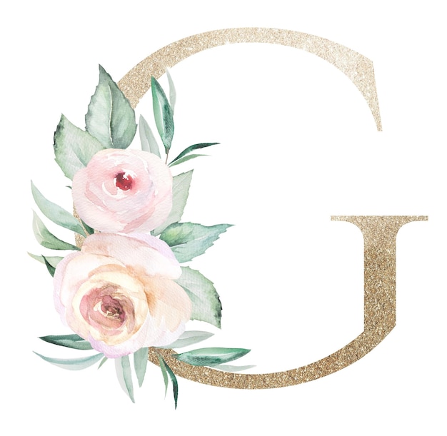 Light golden Letter G with watercolor roses and leaves Pastel floral alphabet