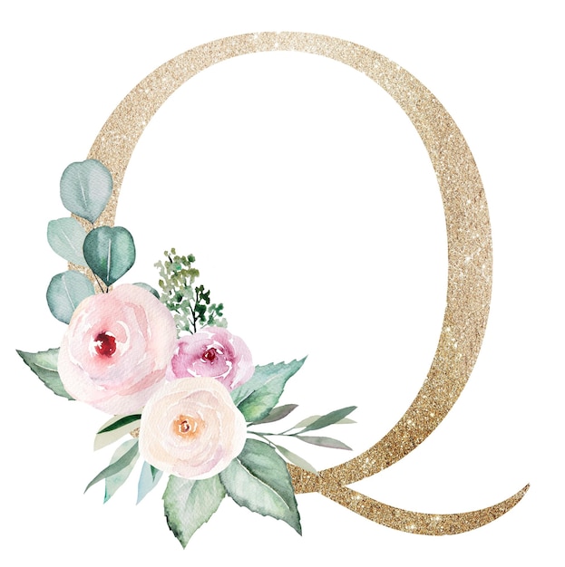 Lettera q dorata chiara con rose e foglie acquerello alfabeto floreale pastello