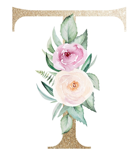 水彩のバラと葉パステル花のアルファベットとライトゴールドの文字T