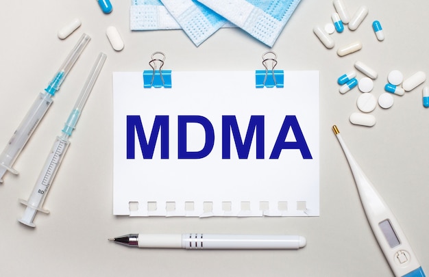 На светло-сером фоне синие медицинские маски, шприцы, электронный градусник, таблетки, ручка и блокнот с надписью MDMA. Медицинская концепция