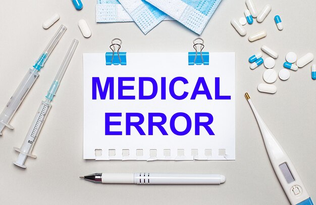 Su uno sfondo grigio chiaro, maschere mediche blu, siringhe, un termometro elettronico, pillole, una penna e un taccuino con la scritta errore medico. concetto medico
