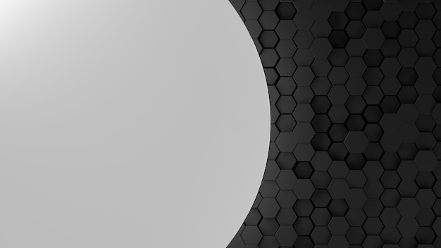 Фото Светло-серый фон с сотовой структурой ячеек и пространством для копирования фон из черных шестиугольников и серого круга с неоновой подсветкой для дизайна 3d рендеринга