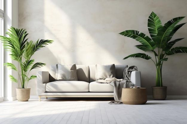 Light Gray Sofa with Tropical Elements 3D Interior Mockup Ai generative
