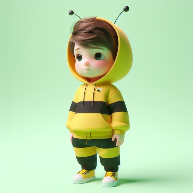 light green background a little boy wearing a hoodie and sweatpants with a black and yellow stripe