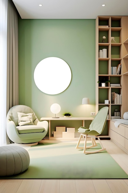 テーブルAIが生成された明るい緑の寝室のインテリア
