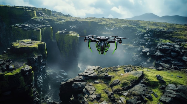 Зелёный и черный беспилотник снимает захватывающие воздушные виды в динамичном ландшафте