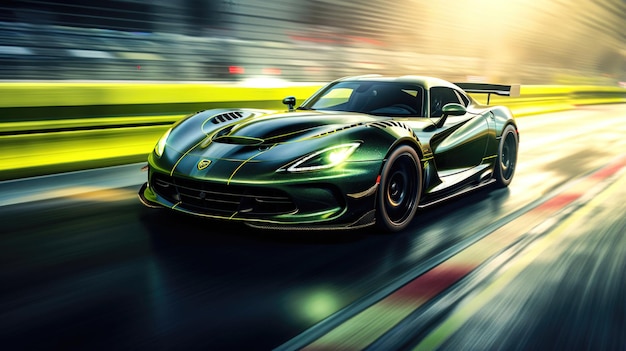 A Light Green and Black Sports Car Drifting around a Curve on a Race Track with Thrill