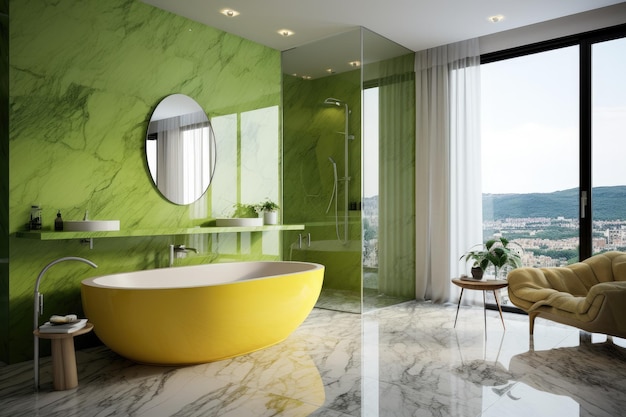 Light green color marble patterned wall and floor minimal design modern decorated bathroom interior