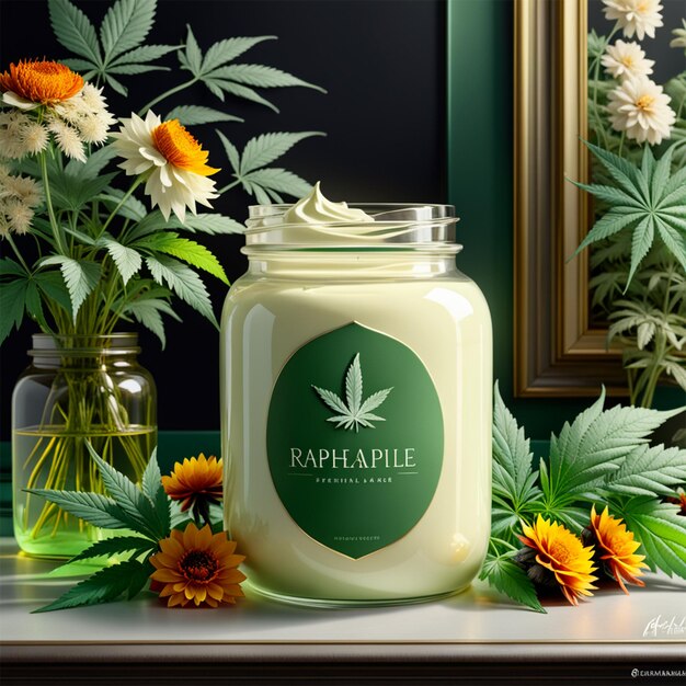 light green cream in a jar with cannabis and fall flowers perfect composition beautiful detailed