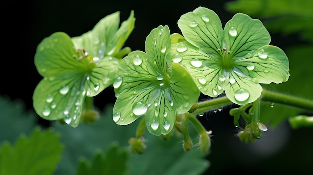 Foto un geranio verde chiaro con due boccioli sul ramo tre foglie verdi teneri cristalline foto