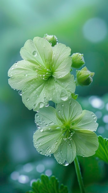 Photo a light green geranium with two buds on the branch three tender green leaves crystal clear photo
