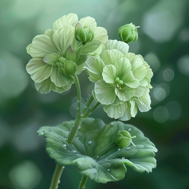 Photo a light green geranium with two buds on the branch three tender green leaves crystal clear photo