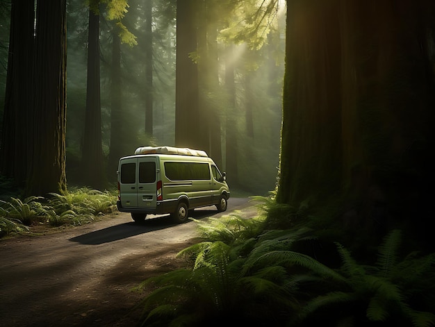 Light green minibus in the forest The concept of life in a van Ai Generative