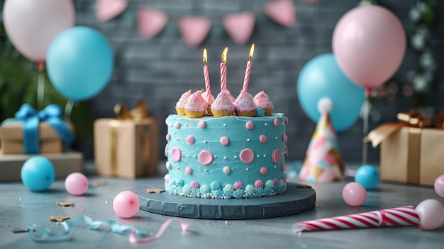On a light grey background a blue birthday cake with presents hats and colorful balloons is displayed