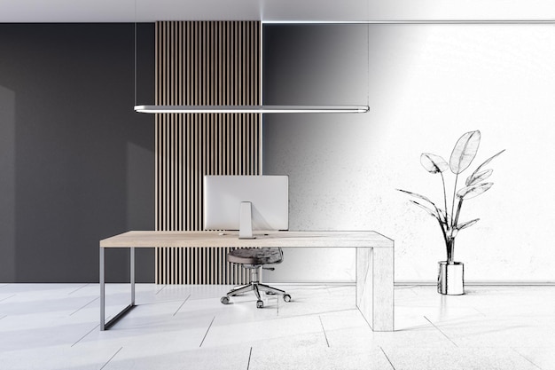 Light hand drawn office interior with equipment and\
furniture