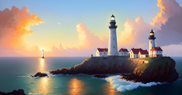 Light house Sea Ocean Background Landscape for childrens books illustrations paintings Generative AI concept