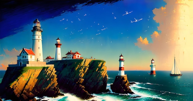 Light house Sea Ocean Background Landscape for childrens books illustrations paintings Generative AI concept