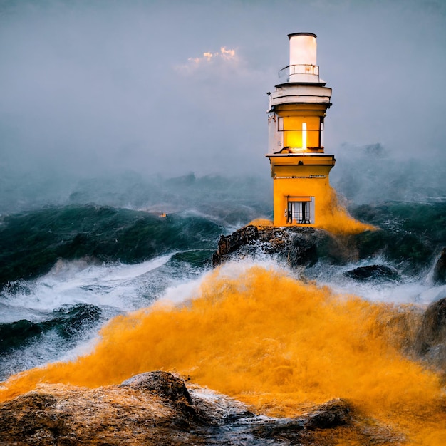 Light house sitting on top of a rock in the ocean generative ai