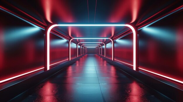 Light illuminates an abstract 3D render of an empty dark tunnel an endless corridor and a glowing sky