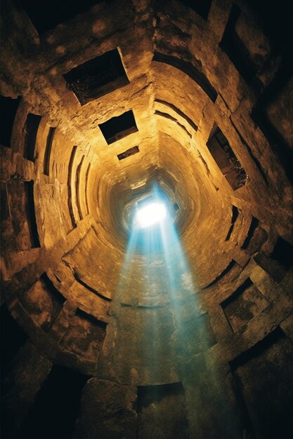 A light is shining through a tunnel that has a beam of light coming through it.