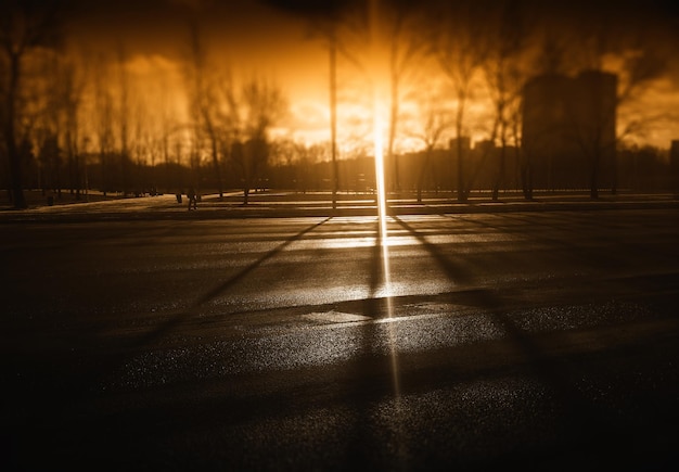 Light leak on empty highway during sunset background