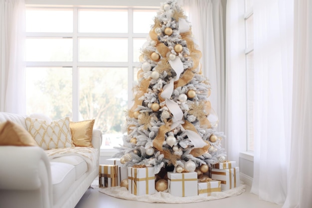 Светлый интерьер гостиной в простом стиле с рождественской елкой в золотисто-белых тонах Генеративная иллюстрация AI