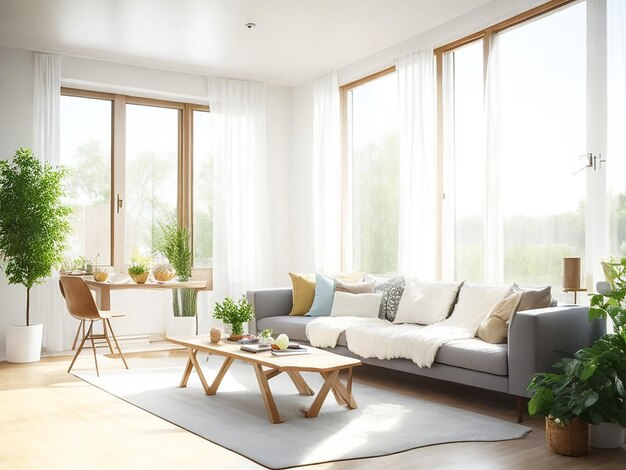 Light living room interior with eating table and couch panoramic window