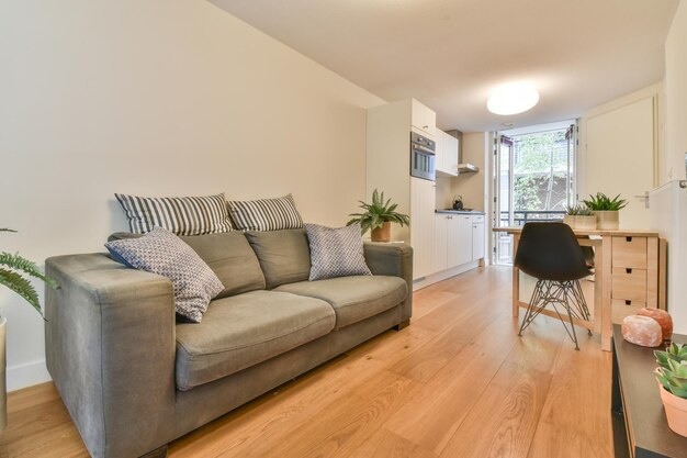 Light living room with big sofa near kitchen