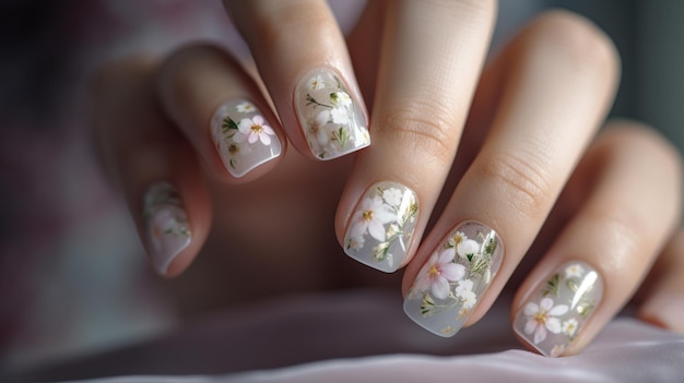 Light manicure with flowers pattern Generative AI