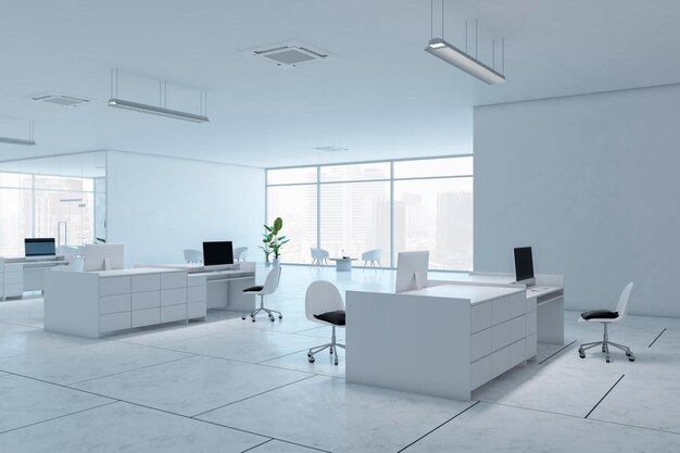 Light minimalistic coworking interior with furniture 3D Rendering