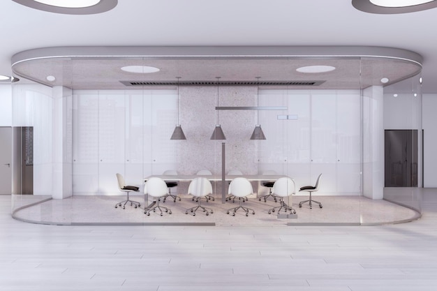 Light and modern meeting room in form of glass capsule with\
white conference room surrounded by chairs with black pillows\
concrete floor and ceiling in spacious office with wooden floor 3d\
rendering