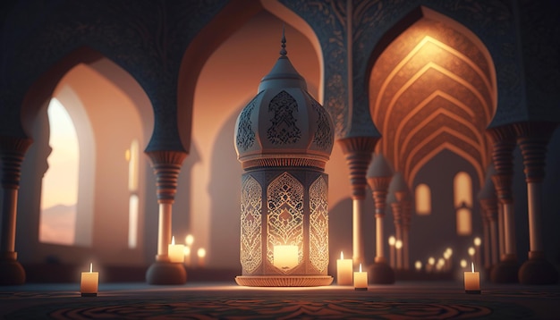 A light in a mosque with a candle in the middle.