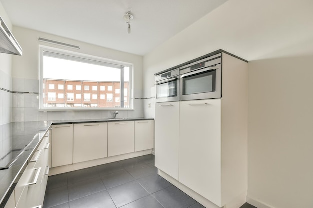 Light narrow kitchen with windows