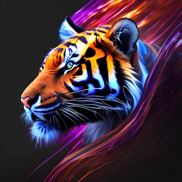 Light neon style art portrait of a tiger Generative AI