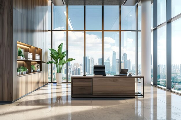 Photo light office interior with work desk and cabinet near panoramic window