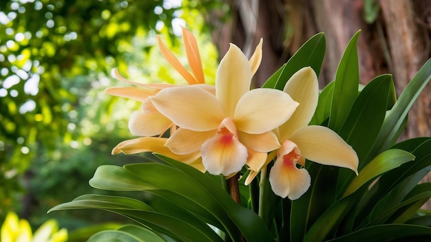 Светло-оранжевая орхидея с зелеными листьями красивый цветок природы цветет