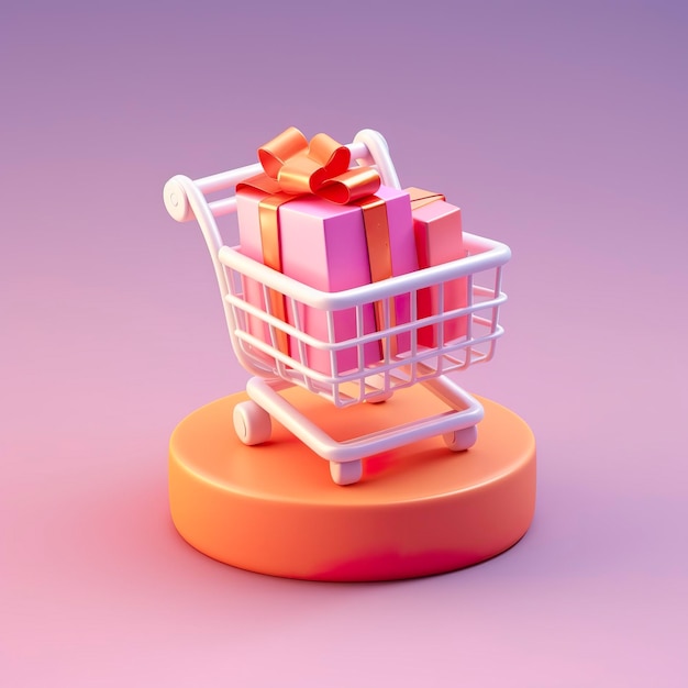 Light Orange and Pink Shopping Cart with Gift Box Icon AI Generative