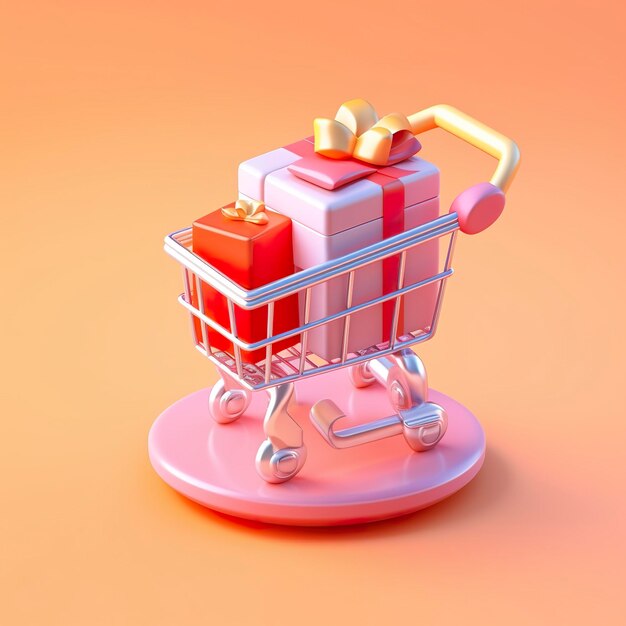 Light Orange and Pink Shopping Cart with Gift Box Icon AI Generative