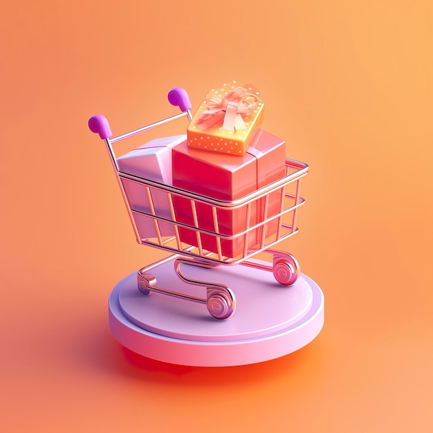 Light Orange and Pink Shopping Cart with Gift Box Icon AI Generative