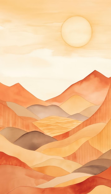 Photo light orange watercolor mountainscape with mingei popinspired sun