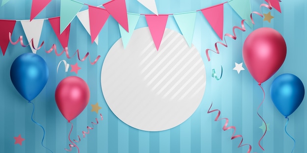 Light party element banner background. 3D pink blue balloon gift box star and hanging flag on white blue stripe background. 3D Illustration Rendering