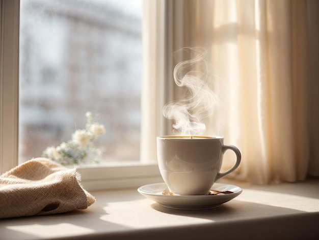 Light photo in white and beige tones A cup of hot coffee with steam on the windowsill Cozy homely atmosphere in pastel colors This photo was generated using Leonardo AI