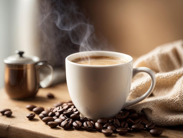 Light photo in white and beige tones Cup of hot coffee with steam on a wooden background Coffee beans in a bag Cozy homely atmosphere in pastel colors This photo was generated using Leonardo AI