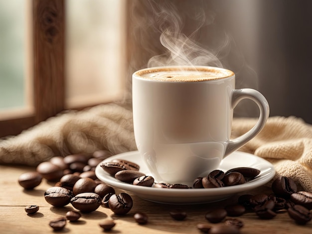 白とベージュの明るい写真 木製の背景に蒸気が入ったホットコーヒーのカップ コーヒー豆 パステルカラーの居心地の良い家庭的な雰囲気 この写真は Leonardo AI を使用して生成されました