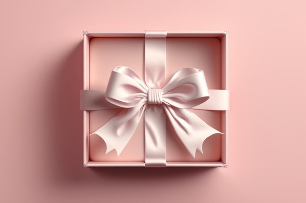 Светло-розовая подарочная коробка с красной атласной лентой и бантом на розовом фоне Generative AI