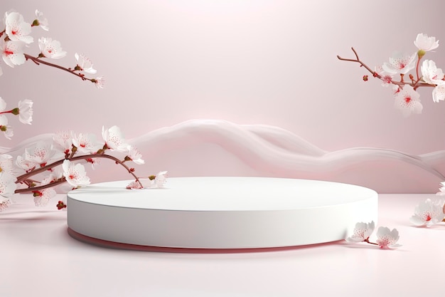 밝은 분홍색 포디움과 체리 꽃 배경은 제품 디스플레이 3D 렌더링 일러스트에 사용됩니다.