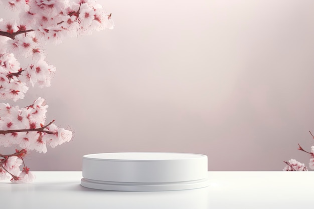 A light pink podium and cherry blossom background are used for product display 3D rendering illustr