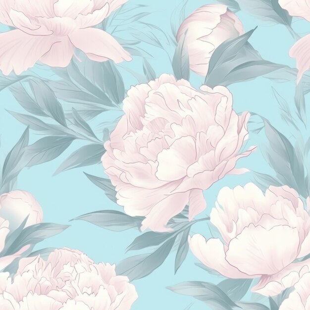 Light pink soft peonies on the blue light background Seamless pattern