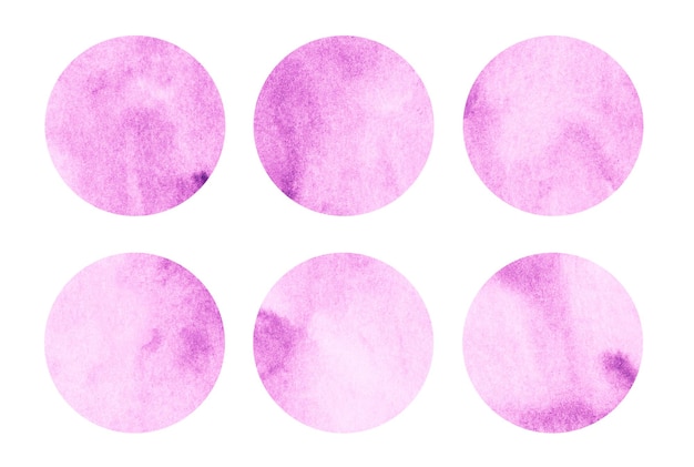 Light pink watercolor circles set Fuchsia abstract round geometric shapes on white background Aquarelle stains on paper texture Template for your design