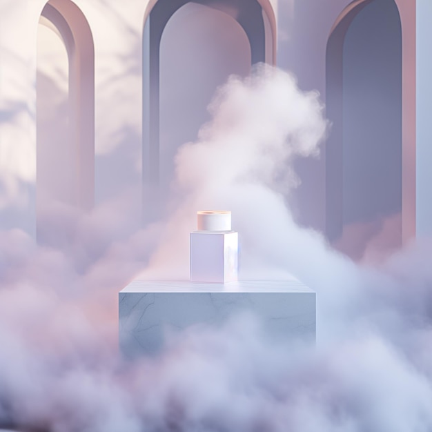 Light podium for product presentation with a bottle on it and fog around